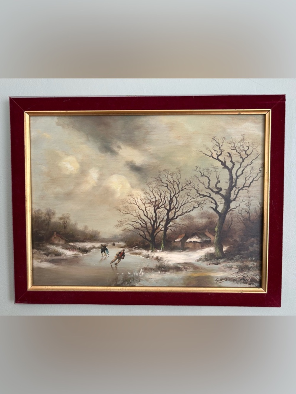 Vintage Painting Signed Framed Winter Skating Landscape Oil Painting Red Velvet